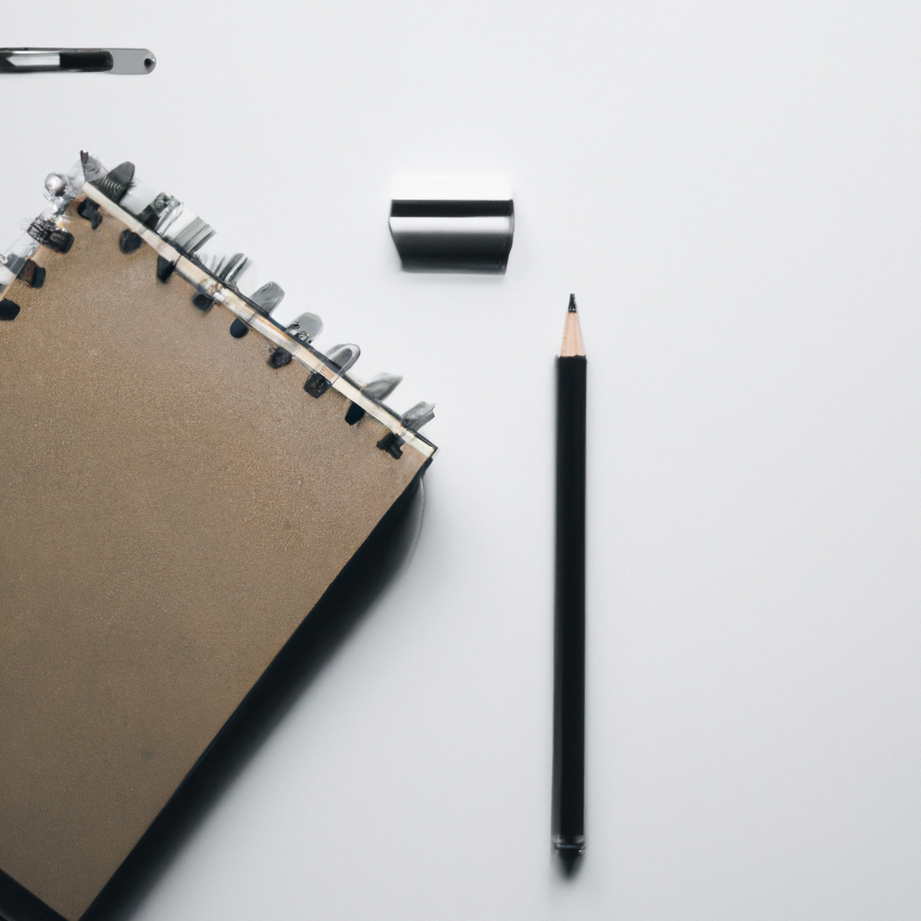 Minimal flat lay with notebook and pencil representing clarity and focus on a clean white desk
