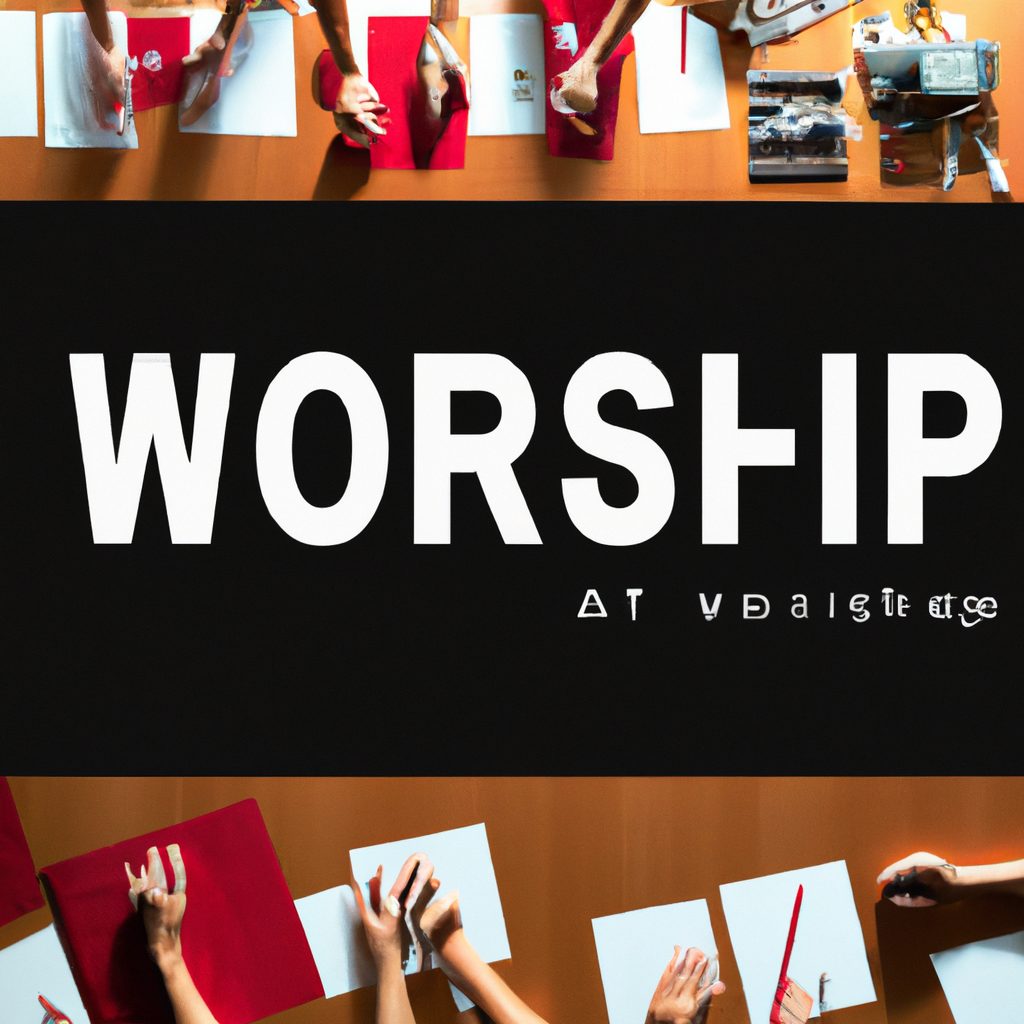 Hands-on practice scene with poster layout grid and color swatches on a tabletop